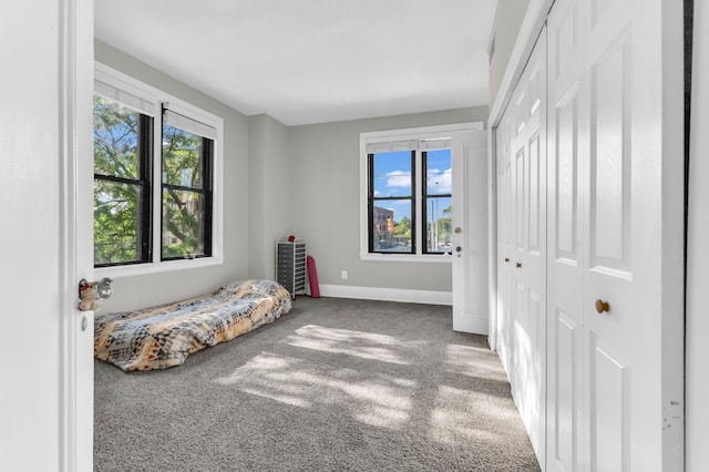 carpeted bedroom with a closet and multiple windows