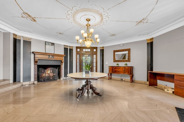 interior space featuring a notable chandelier and ornamental molding