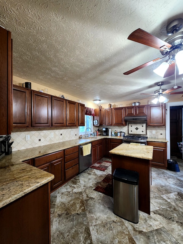 kitchen with ventilation hood, sink, stainless steel appliances, and tasteful backsplash