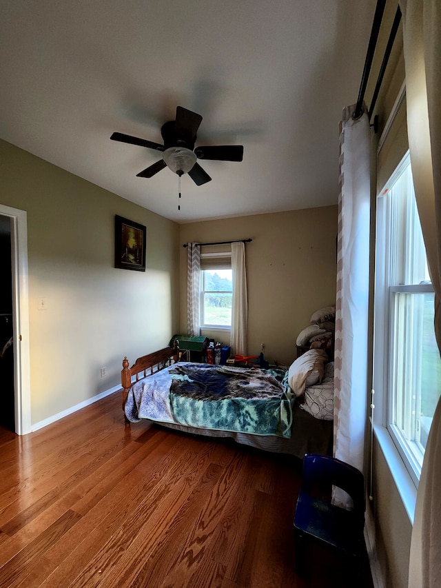 bedroom with ceiling fan and wood-type flooring