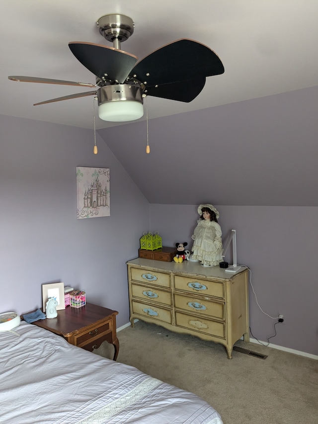 bedroom featuring light carpet, ceiling fan, and lofted ceiling