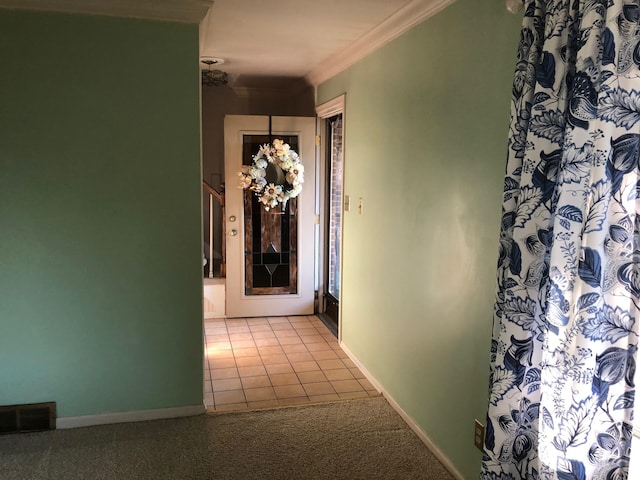 corridor featuring light colored carpet and ornamental molding