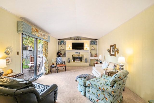 carpeted living room featuring a fireplace and vaulted ceiling