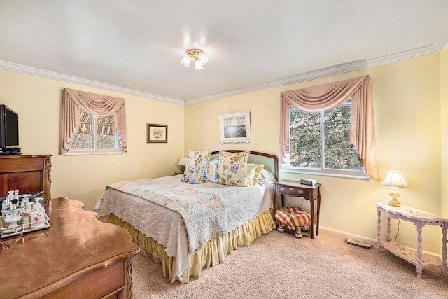 carpeted bedroom with ornamental molding