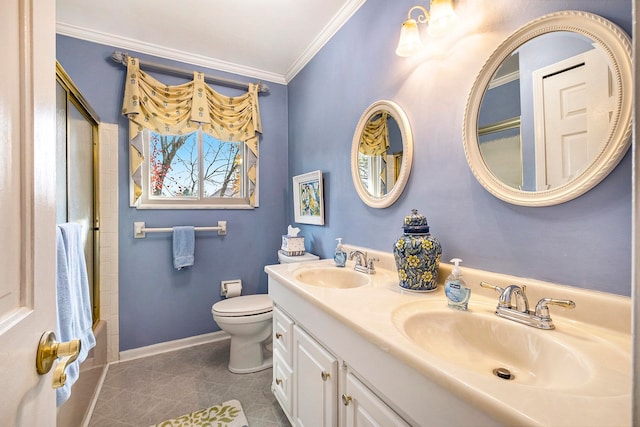 full bathroom with vanity, tile patterned floors, toilet, ornamental molding, and tub / shower combination