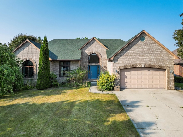 french country style house with a front yard and a garage