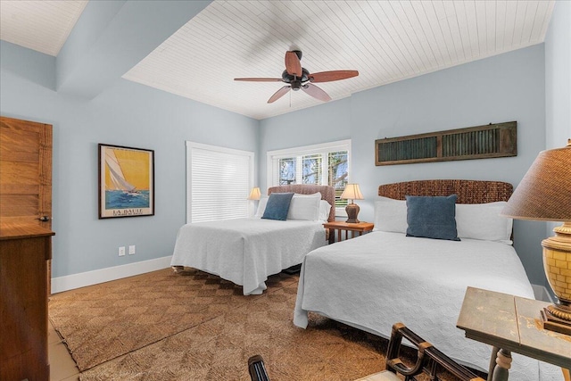 876 S Beach, Pentwater, MI 49449 - carpeted bedroom with baseboards, a ceiling fan, and wood ceiling