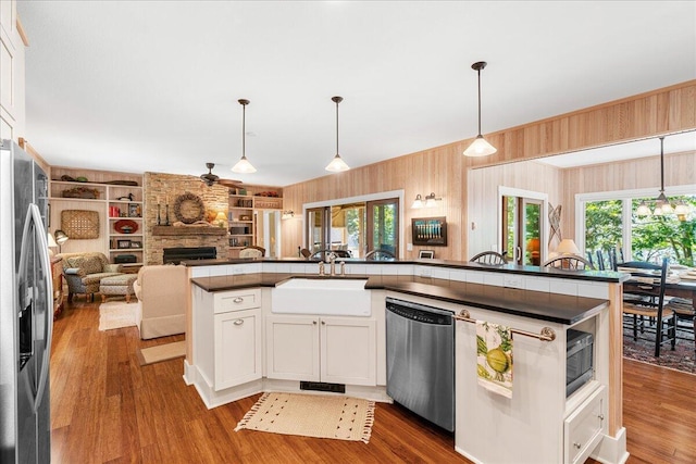 876 S Beach, Pentwater, MI 49449 - kitchen featuring a sink, stainless steel appliances, open floor plan, a fireplace, and dark countertops