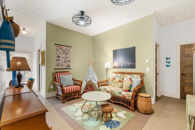 876 S Beach, Pentwater, MI 49449 - tiled living room featuring wood ceiling, baseboards, and vaulted ceiling
