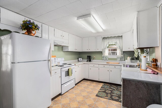 76 Sundago Park St, Hastings, MI 49058 - kitchen with white appliances, under cabinet range hood, light countertops, a sink, and white cabinetry