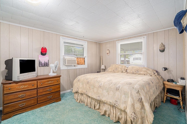 76 Sundago Park St, Hastings, MI 49058 - bedroom with carpet flooring, multiple windows, wooden walls, cooling unit, and crown molding