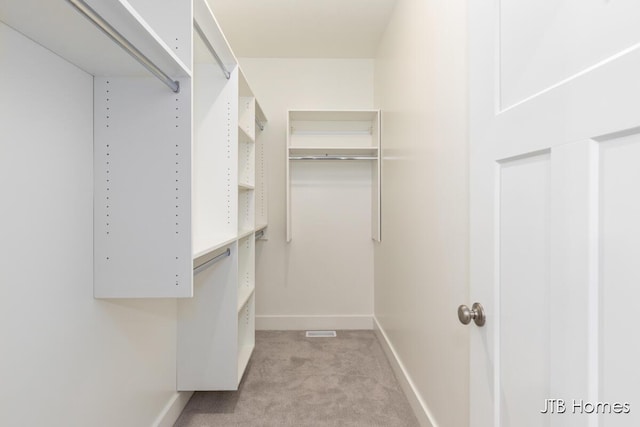 walk in closet with light colored carpet