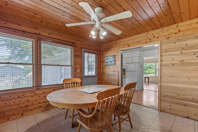 dining room featuring light tile patterned floors, ceiling fan, wooden ceiling, and wood walls