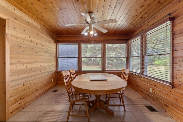 dining room featuring wood walls, wooden ceiling, and a wealth of natural light