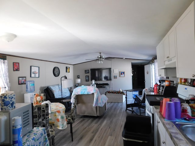 living room with ceiling fan, hardwood / wood-style floors, and lofted ceiling