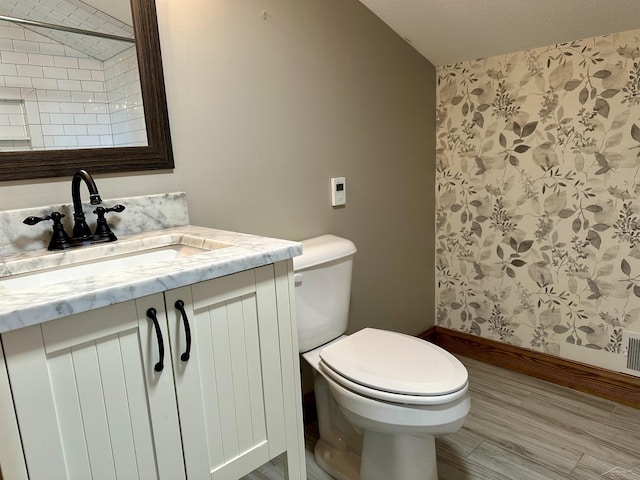 bathroom with vanity, toilet, wood-type flooring, and a textured ceiling