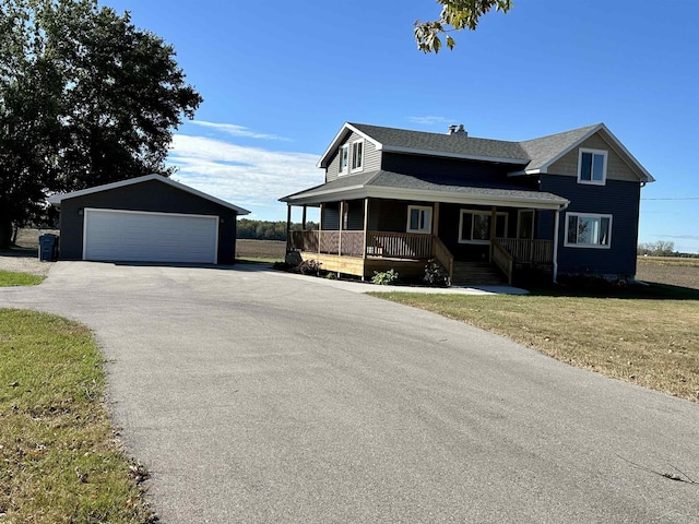 view of front facade featuring a front lawn, covered porch, an outdoor structure, and a garage