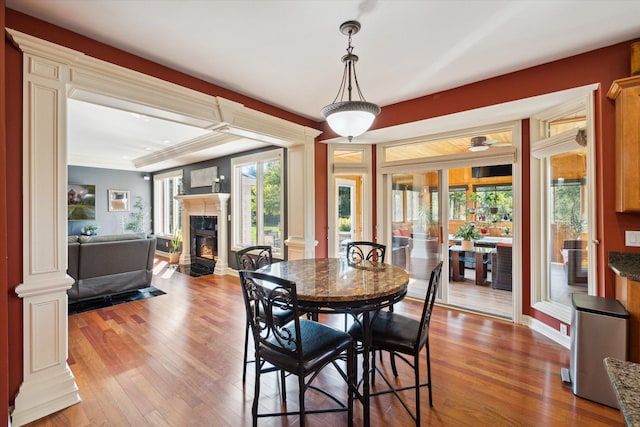 dining space with a fireplace and light hardwood / wood-style floors