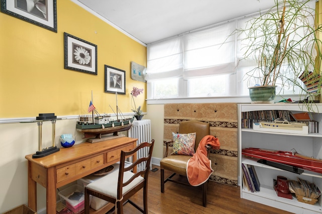 home office featuring radiator and wood-type flooring