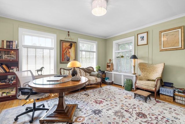 office area with hardwood / wood-style flooring, plenty of natural light, radiator heating unit, and ornamental molding