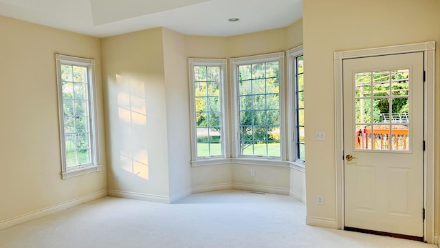 doorway to outside with light carpet