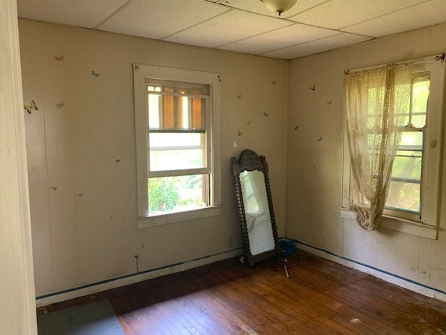 unfurnished room with a drop ceiling and dark hardwood / wood-style floors