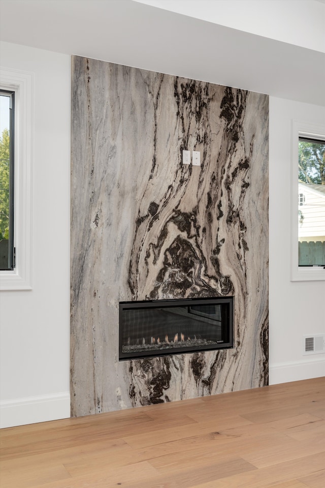 interior details with a premium fireplace and hardwood / wood-style flooring