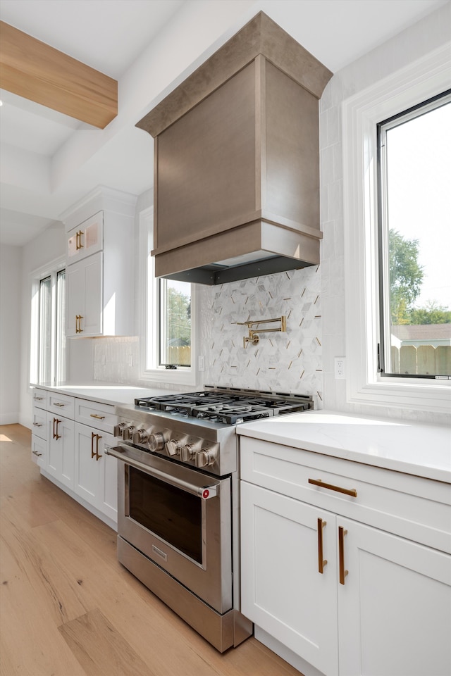 kitchen featuring plenty of natural light, premium range hood, stainless steel stove, and light hardwood / wood-style flooring