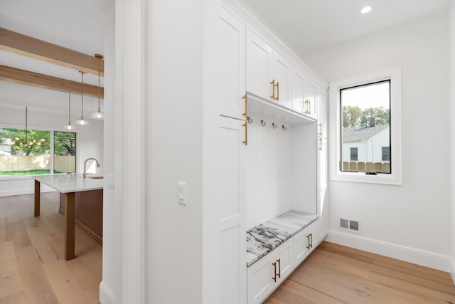 mudroom with light hardwood / wood-style floors and plenty of natural light