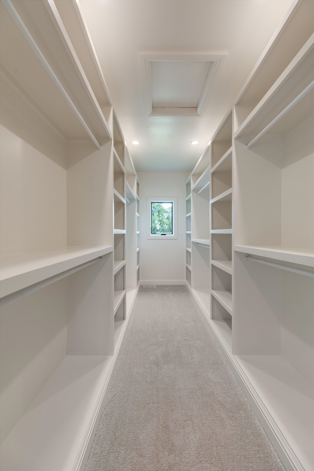 walk in closet with light carpet