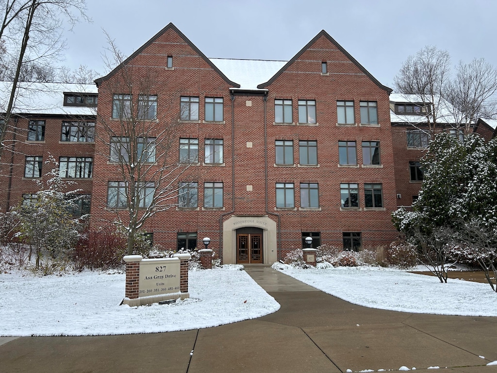 view of snow covered building