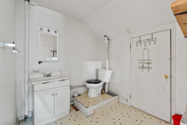 bathroom with a textured ceiling, vanity, lofted ceiling, and toilet