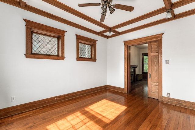 3937 Avery St, Detroit, MI 48208 - empty room with baseboards, a ceiling fan, hardwood / wood-style floors, coffered ceiling, and beamed ceiling
