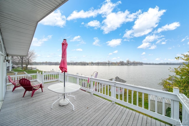 wooden terrace featuring a water view