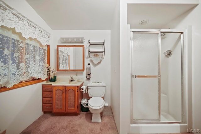 bathroom with toilet, vanity, vaulted ceiling, and an enclosed shower