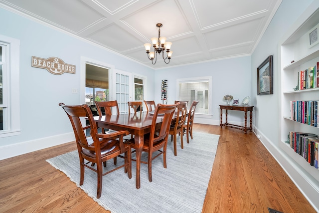 dining space featuring ornamental molding, light hardwood / wood-style flooring, coffered ceiling, and a notable chandelier