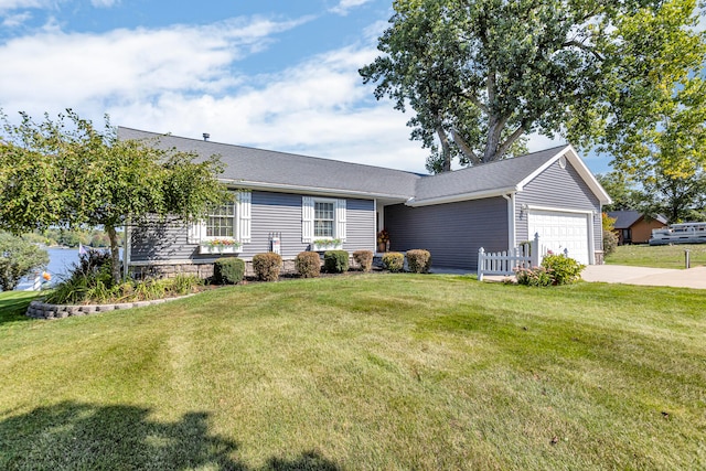 single story home with a garage and a front yard