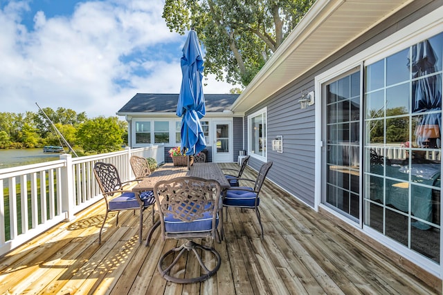 wooden deck with a water view