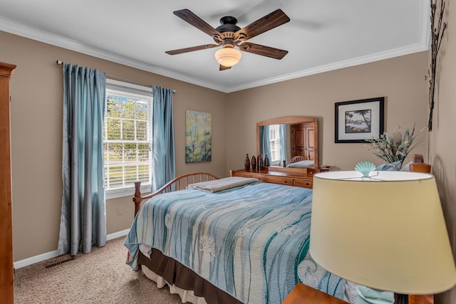 bedroom featuring light carpet, ceiling fan, and crown molding