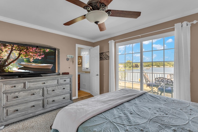 carpeted bedroom featuring access to exterior, ceiling fan, and ornamental molding