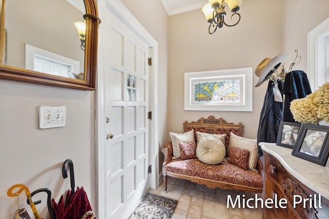 mudroom with a chandelier and ornamental molding