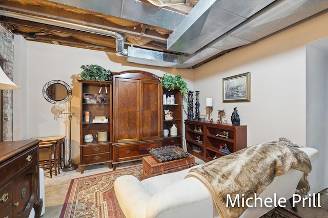 living room featuring beam ceiling