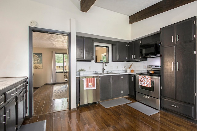 kitchen featuring backsplash, stainless steel appliances, sink, beamed ceiling, and dark hardwood / wood-style floors