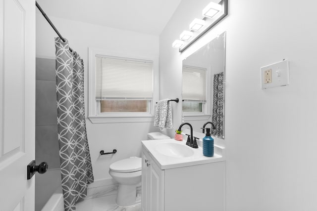 full bathroom featuring vanity, toilet, and shower / bathtub combination with curtain