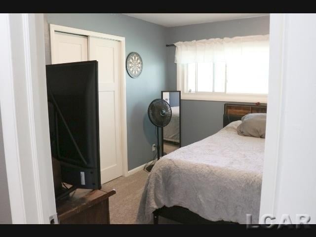 bedroom with carpet flooring and a closet