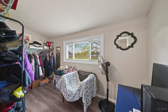 spacious closet with lofted ceiling and wood finished floors