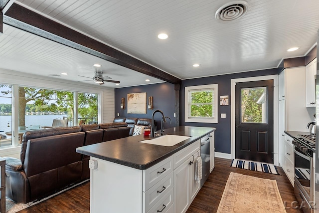 kitchen featuring dark hardwood / wood-style flooring, white cabinetry, a healthy amount of sunlight, and sink