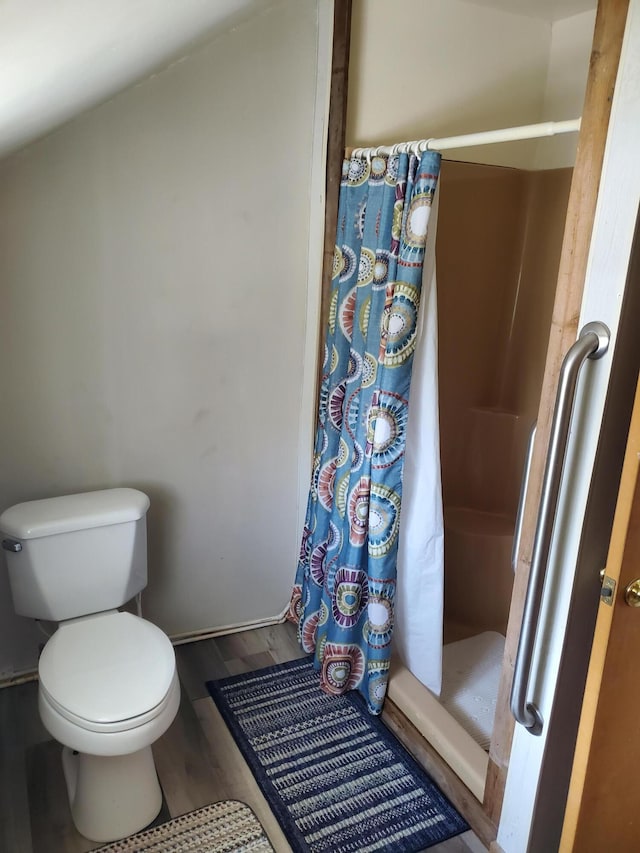 bathroom with hardwood / wood-style flooring, toilet, and curtained shower