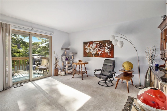 living area featuring carpet floors