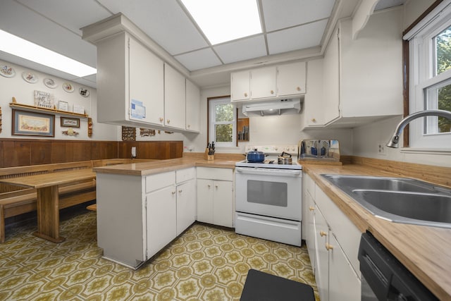 kitchen with a paneled ceiling, dishwasher, sink, white electric range oven, and white cabinetry